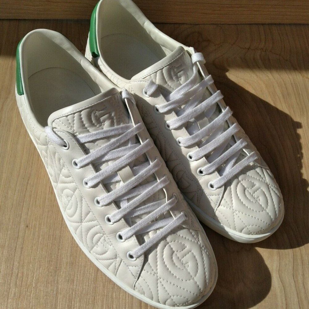 Gucci White Ace G Rhombus Leather Sneakers Shoes Mens Size US 11 EU 44